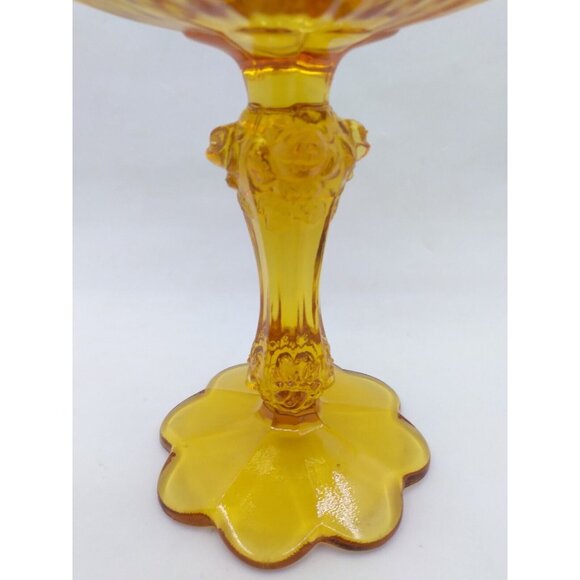 Vtg Unmarked Fenton Raised Cabbage Rose Amber Glass Pedestal Compote Candy Dish - Picture 15 of 15